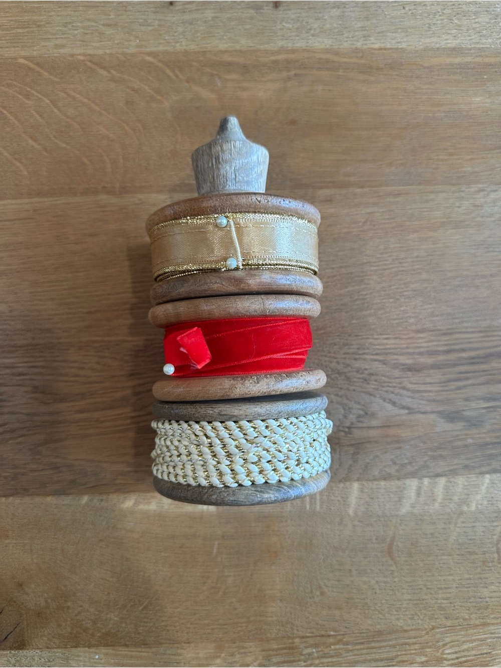 Stacked Decorative Ribbon 🎀 on wooden bobbin 🧵 - Red Velvet & Gold Trim
